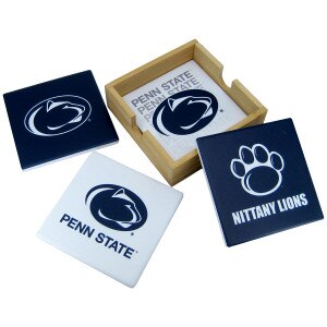 4 pack assorted Penn State ceramic coasters with wood caddy